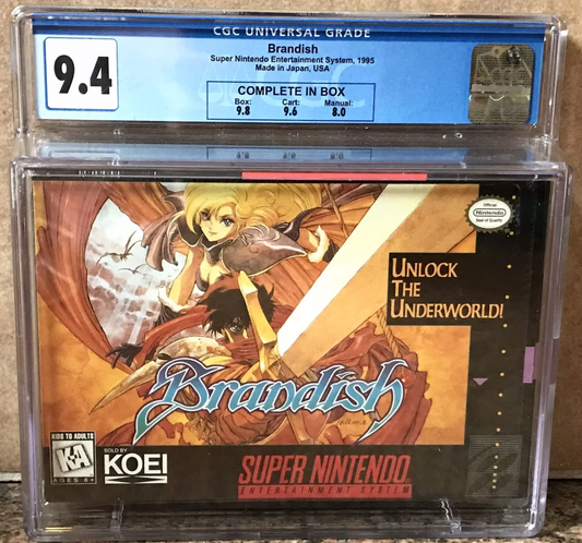 Brandish (SNES) Super Nintendo CIB Complete In 9.8 Box, Mint CGC 9.4 Best Copy