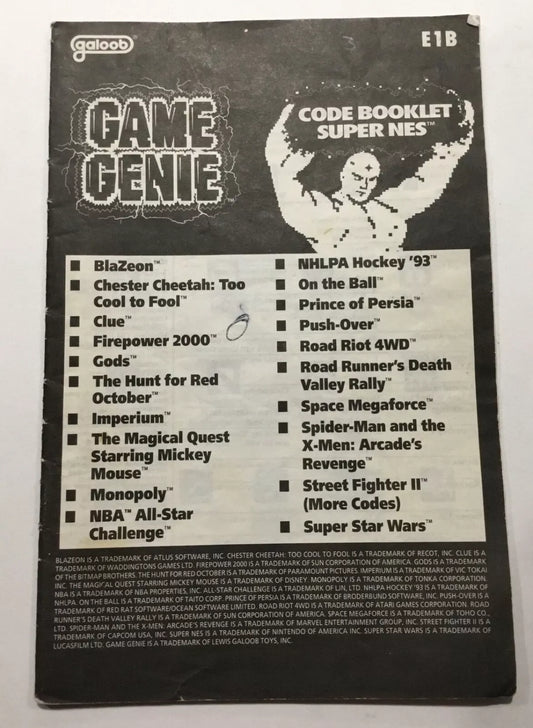 Game Genie Video Game Codebook Code Update E1B 1993 for Super Nintendo SNES