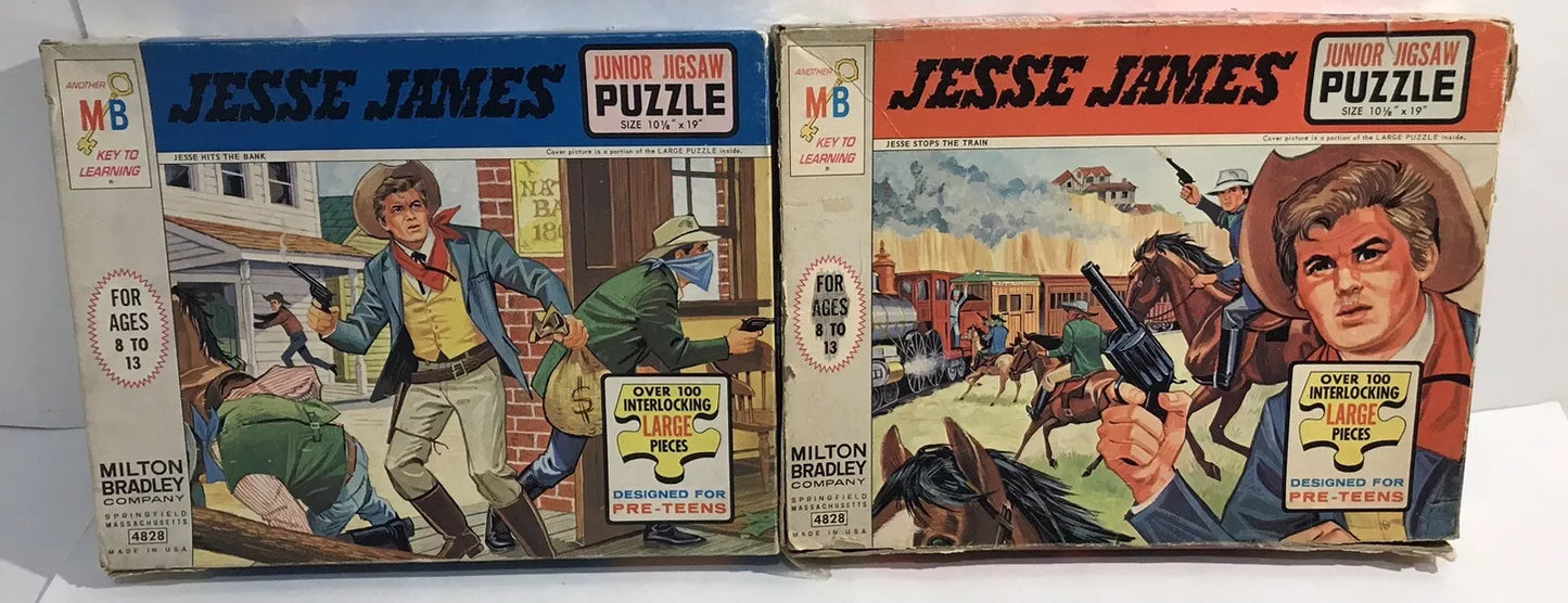 VTG 1965 Jesse James Junior Jigsaw Puzzle Milton Bradley Stops Train / Hits Bank