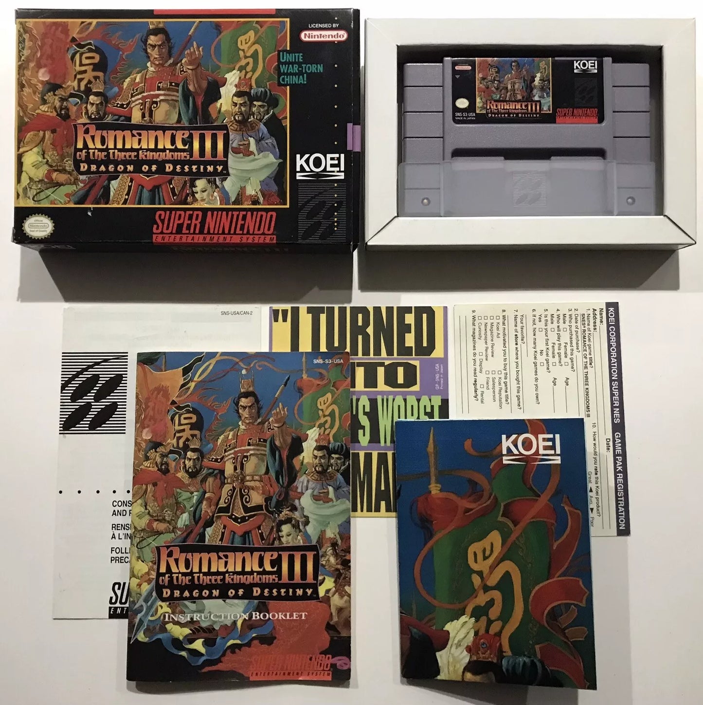 Romance of the Three Kingdoms III Super Nintendo SNES CIB Complete + Map Ex/NM