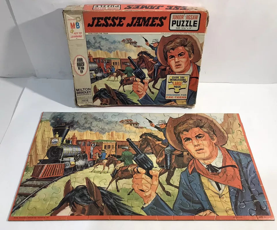 VTG 1965 Jesse James Junior Jigsaw Puzzle Milton Bradley Stops Train / Hits Bank