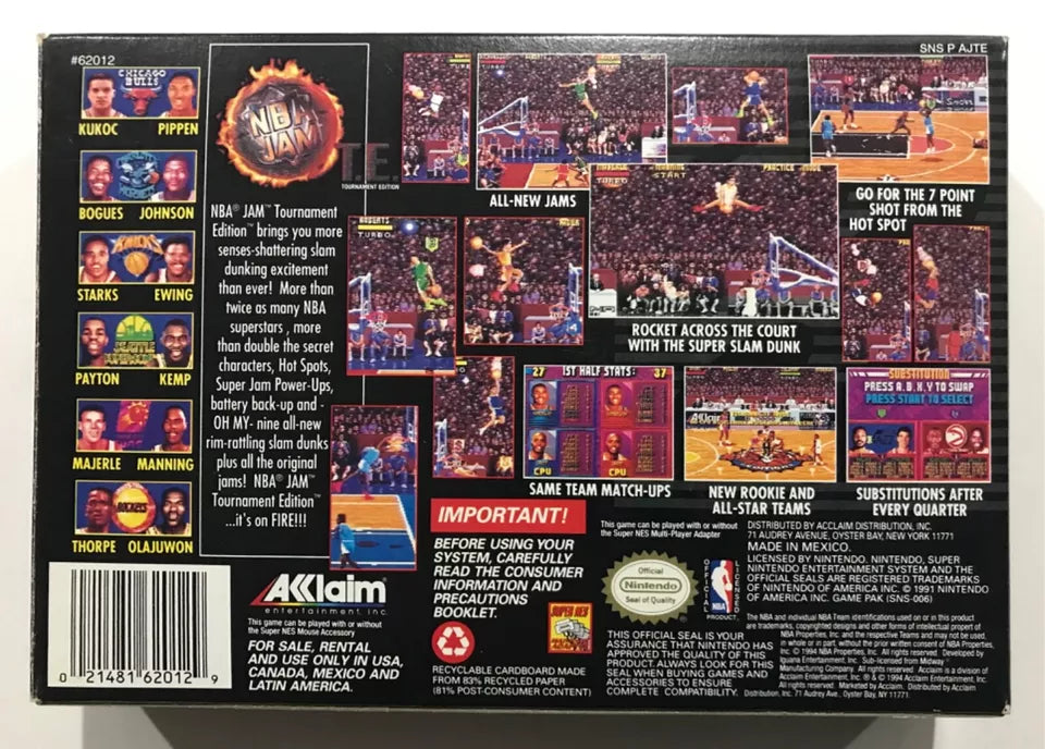 NBA JAM TE Tournament Edition Super Nintendo SNES CIB Complete Poster Near Mint