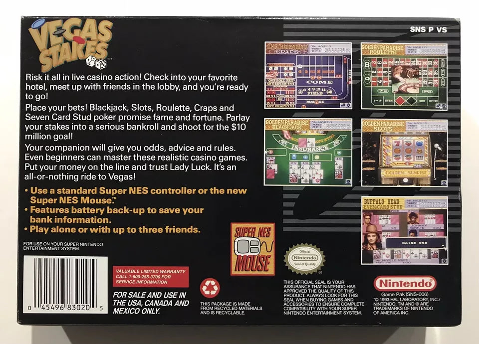 Vegas Stakes (Super Nintendo Entertainment System, 1993) SNES CIB Complete NM