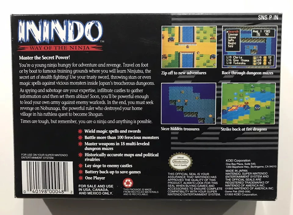 Inindo: The Way of the Ninja Super Nintendo SNES, 1993 Complete 100% CIB Nr Mint