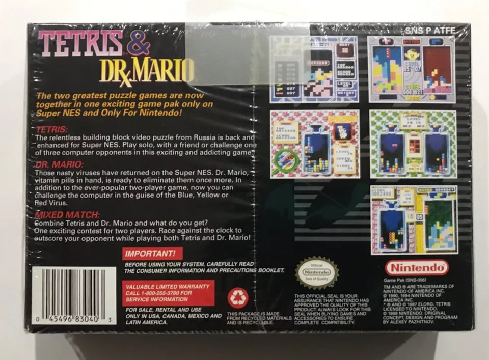 Tetris + Dr Mario Super Nintendo SNES CIB 100% Complete Near Mint Black Label