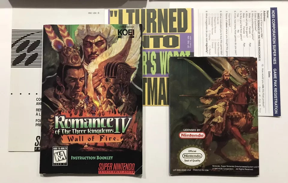 Romance of the Three Kingdoms IV: Wall of Fire SNES Complete + Map Manual NM