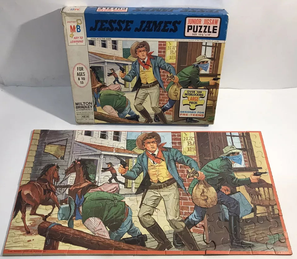 VTG 1965 Jesse James Junior Jigsaw Puzzle Milton Bradley Stops Train / Hits Bank